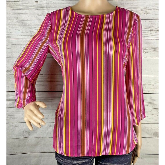 Worthington Blouse XS Pink Orange White Striped Flare Sleeve Tie Back Bow Shirt - Picture 1 of 12
